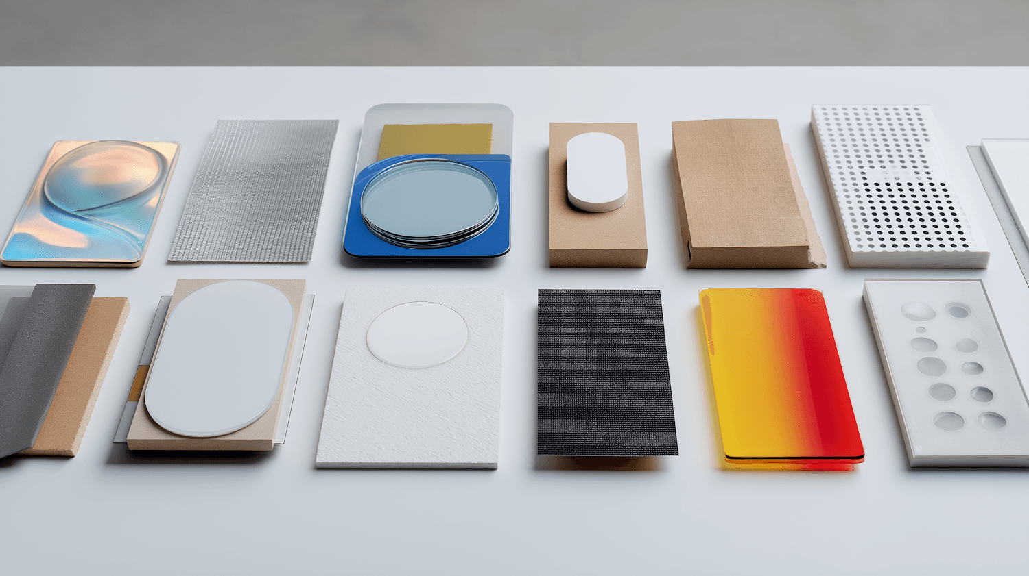 Material samples of stone, timber and fabric arranged on a pale surface