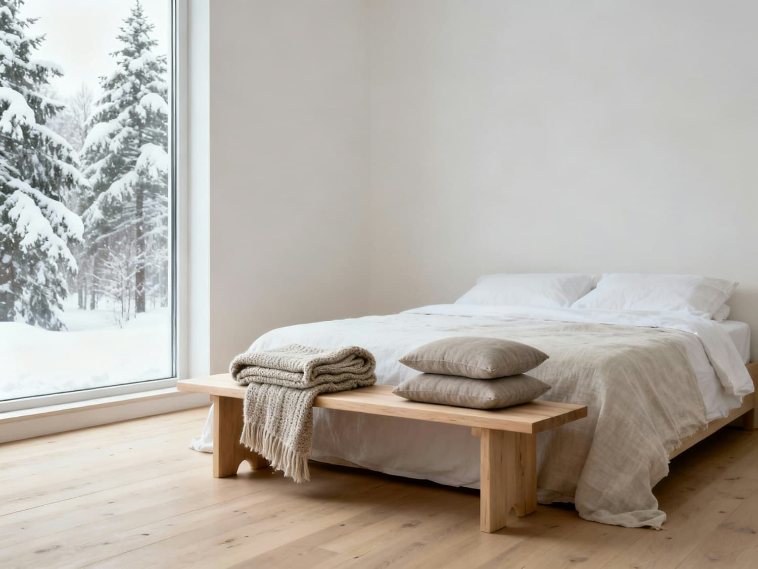 Minimal bedroom with linen bedding and a window onto a snowy forest