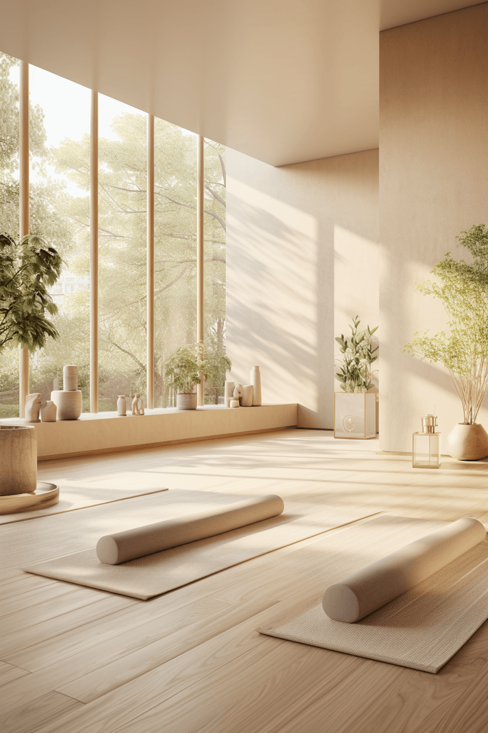 Calm yoga studio with a timber floor, plants and soft natural light