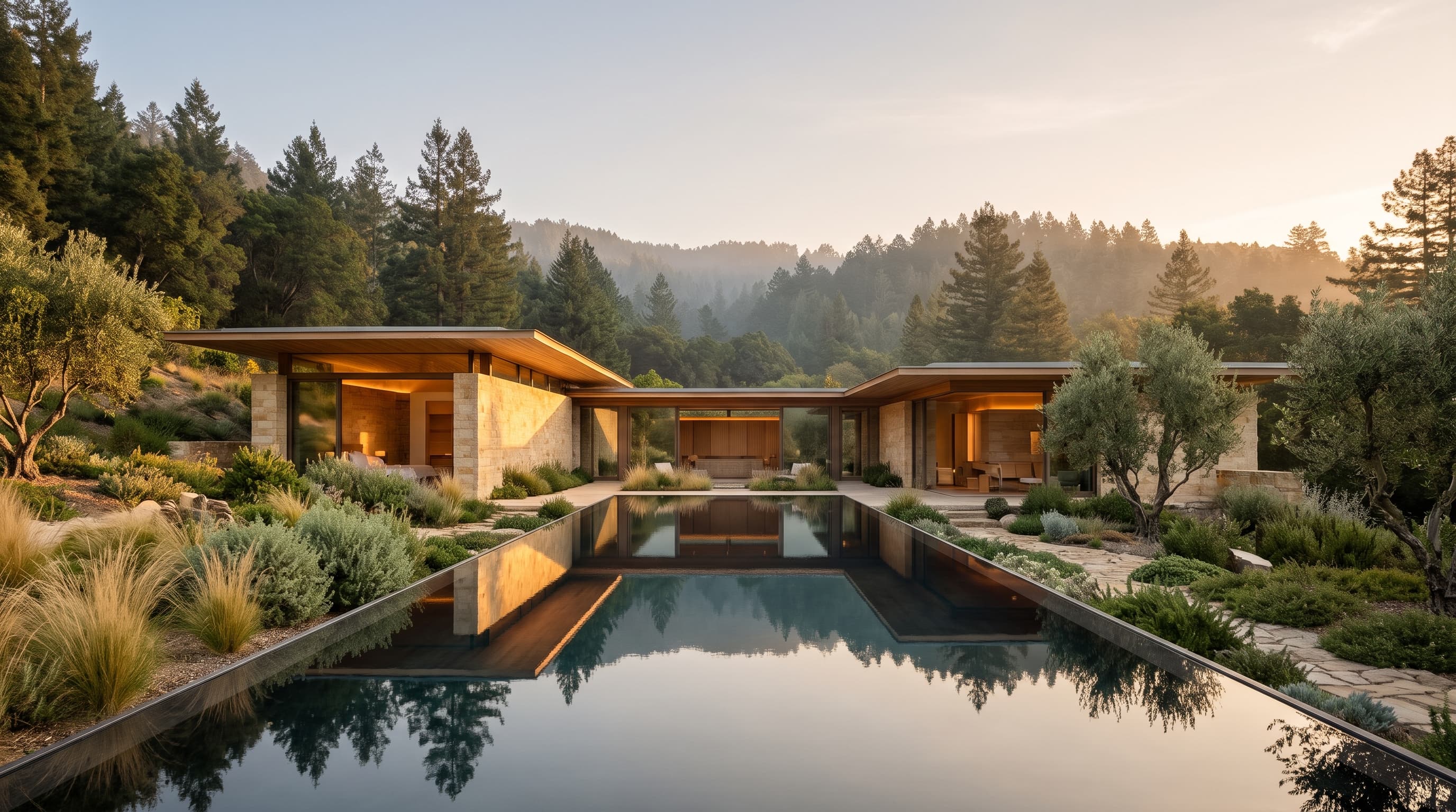 Halcyon Ridge Retreat at golden hour, stone pavilions beside a long reflecting pool in a wooded canyon