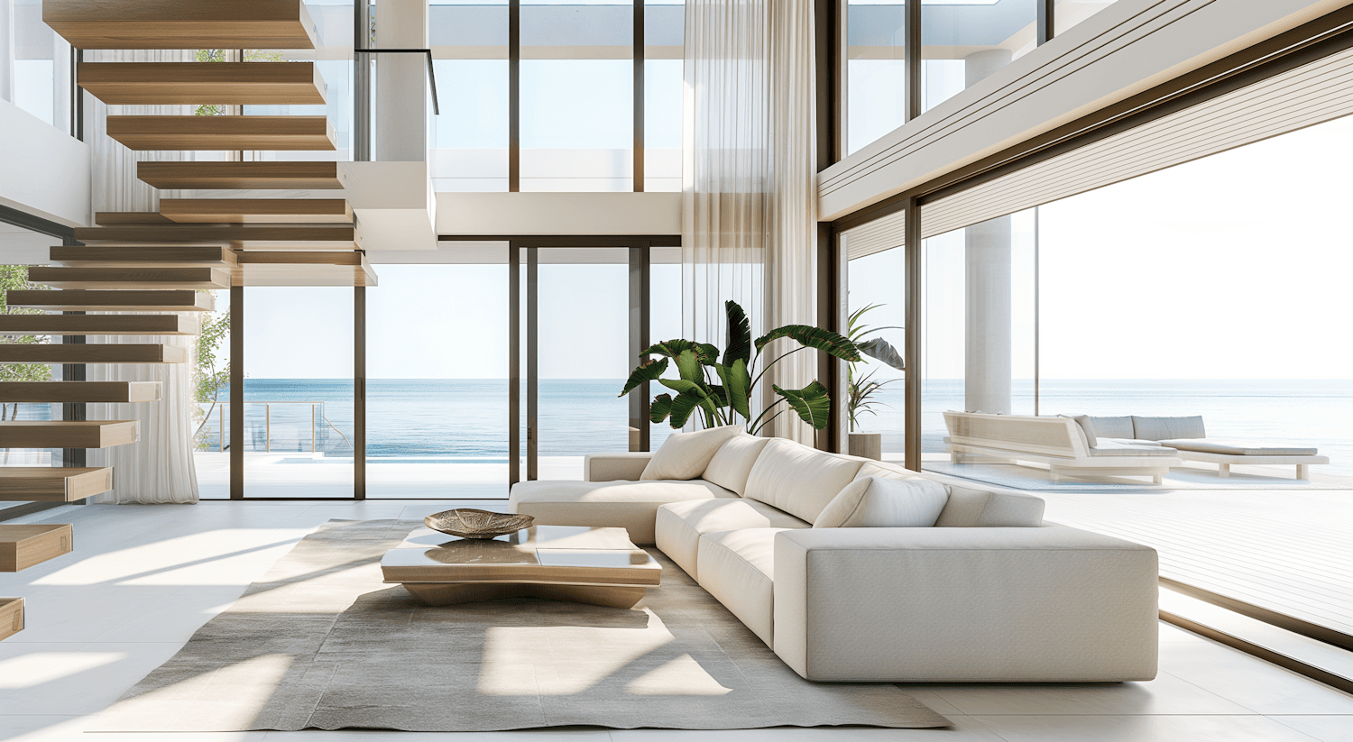 A calm living room with floor to ceiling windows opening toward the sea