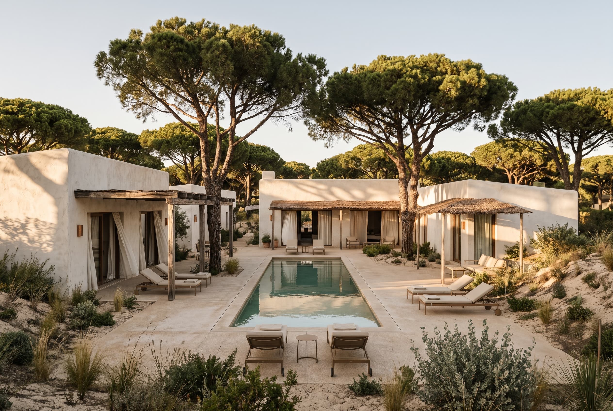 Whitewashed hotel courtyard with a long shallow pool under umbrella pines in warm evening light