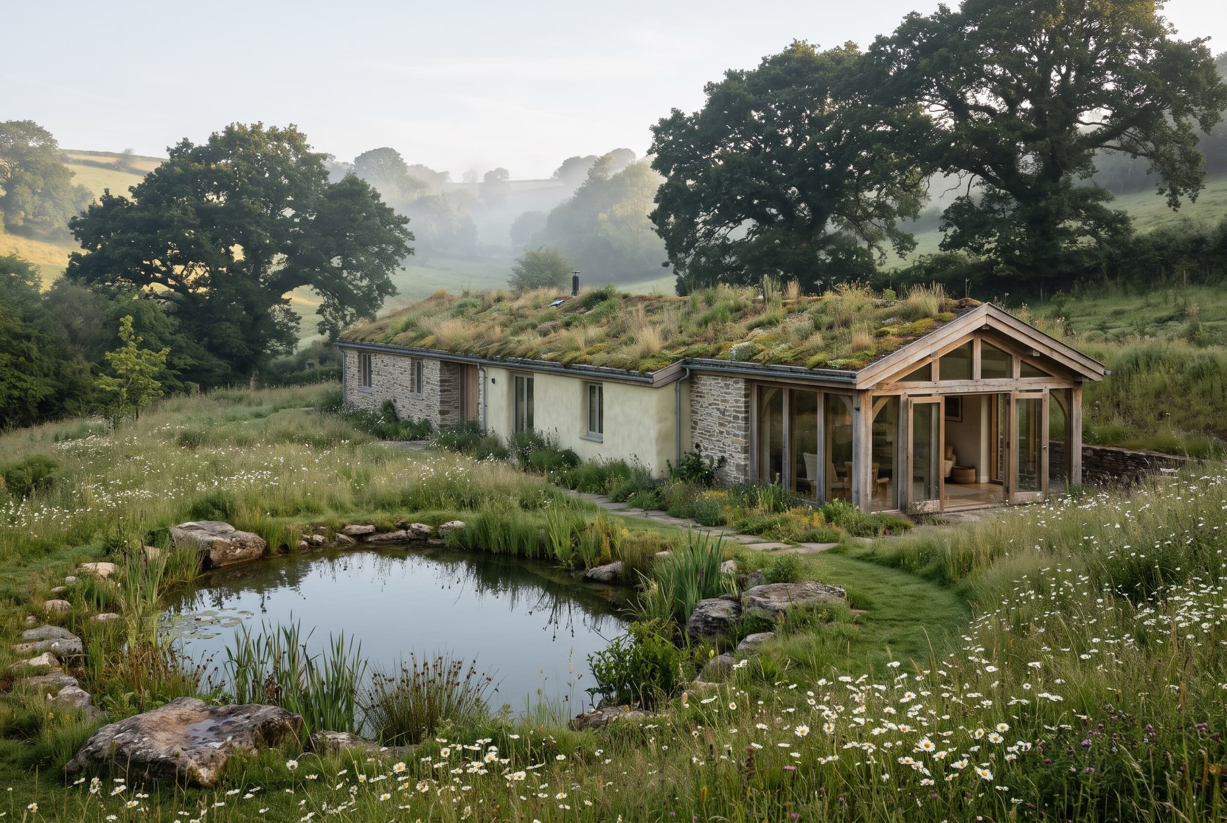 Long stone house with a planted roof and a glass garden room beside a meadow and natural pond in a misty valley