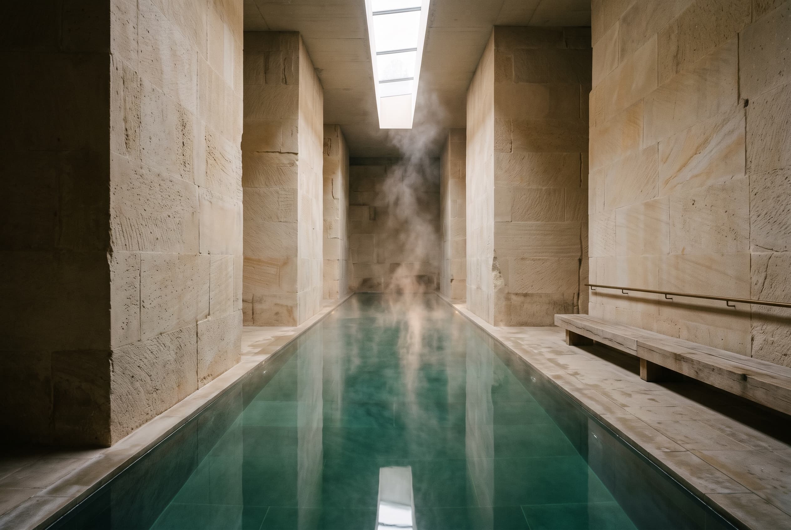 Thermal bathing hall with a long pool between honed limestone walls lit by a slot skylight