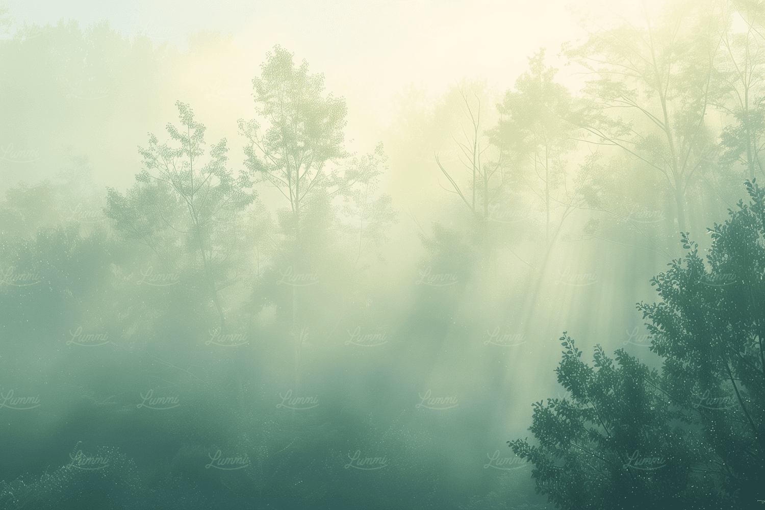 Morning light filtering through a misty forest