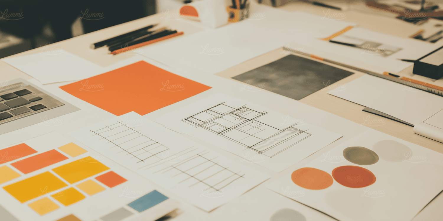 Architectural sketches and colour studies spread across a studio desk